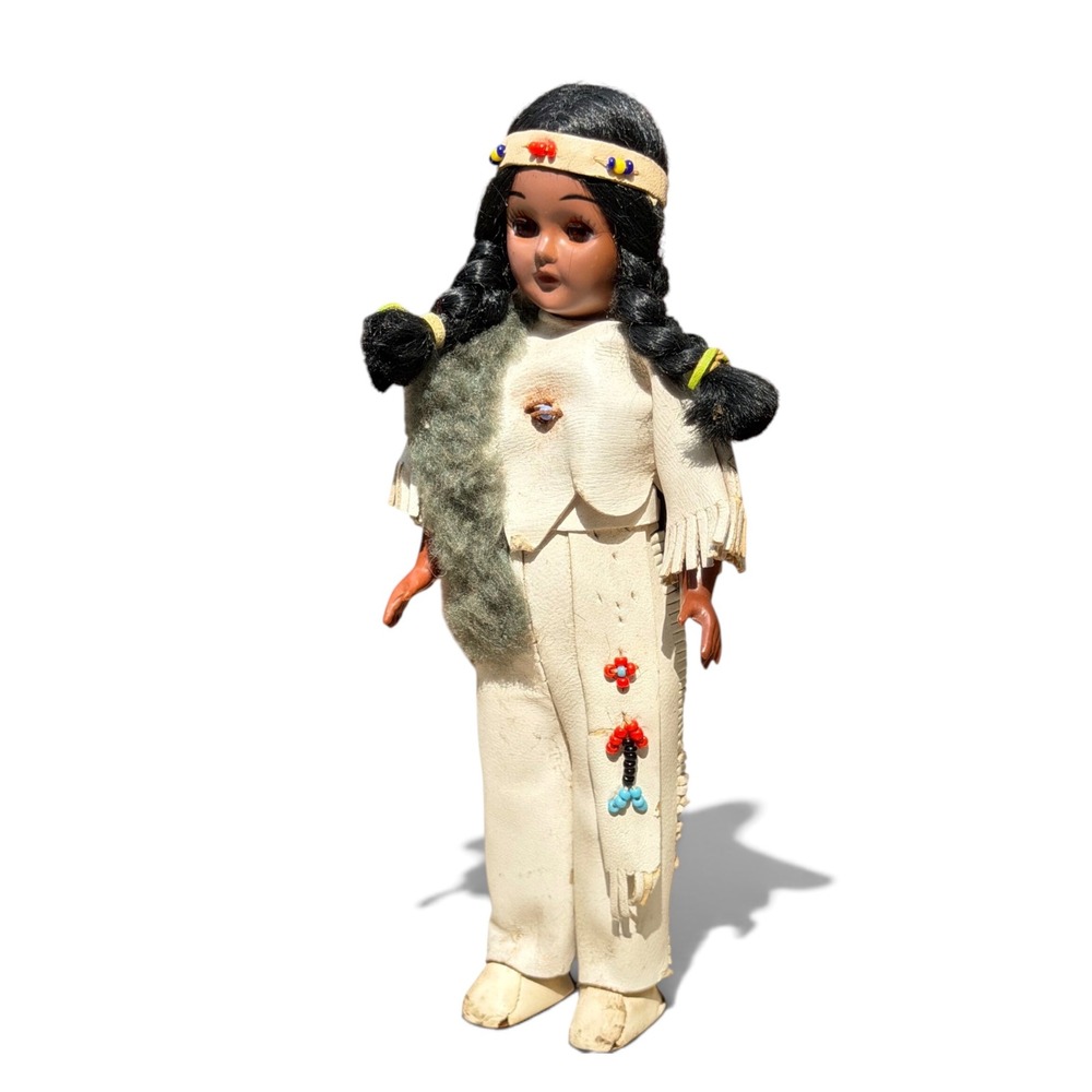 Vintage Souvenir Doll Faux Leather Beaded Outfit 1950s 7.5 Inch Cream